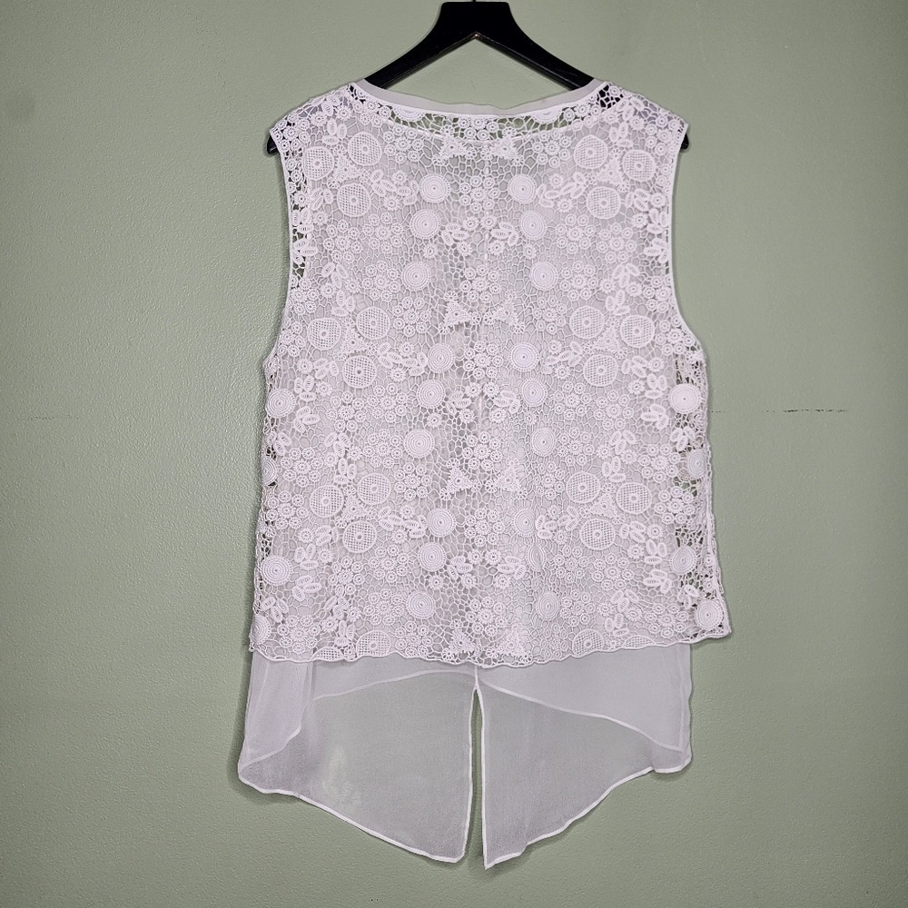 Elie Tahari Crochet Overlay Top Ivory Sleeveless Cotton Silk Boho Preppy Cottage - Picture 3 of 8